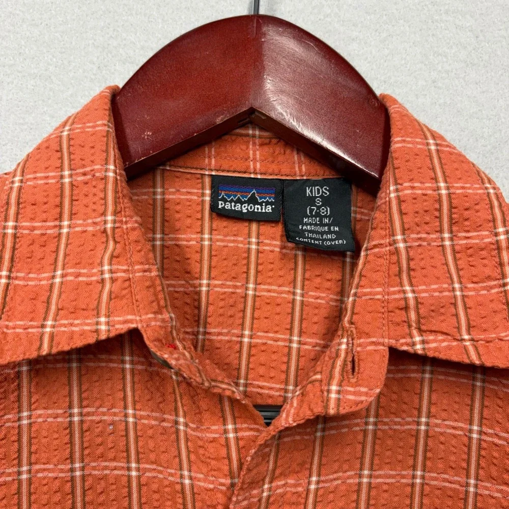 Patagonia Plaid Button Up Shirt Kids Small 7-8 Orange Short Sleeve Gorpcore